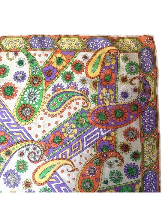 VTG Floral Paisley Print Square Scarf Purple Green Orange Bohemian Style Hippie - Picture 5 of 7